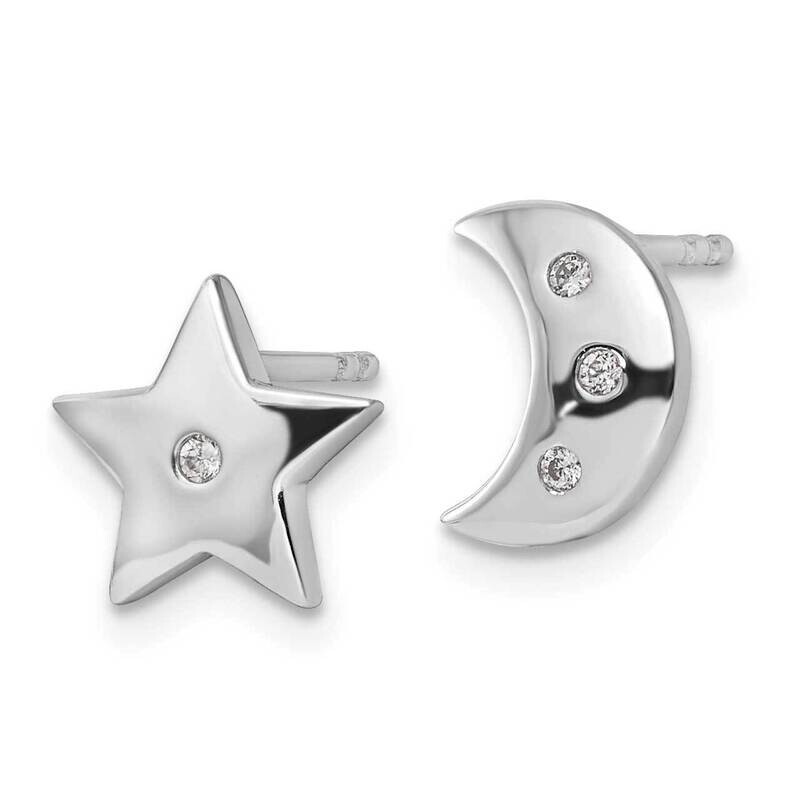 White Ice Diamond Star Moon Post Earrings Sterling Silver Rhodium-Plated QW510