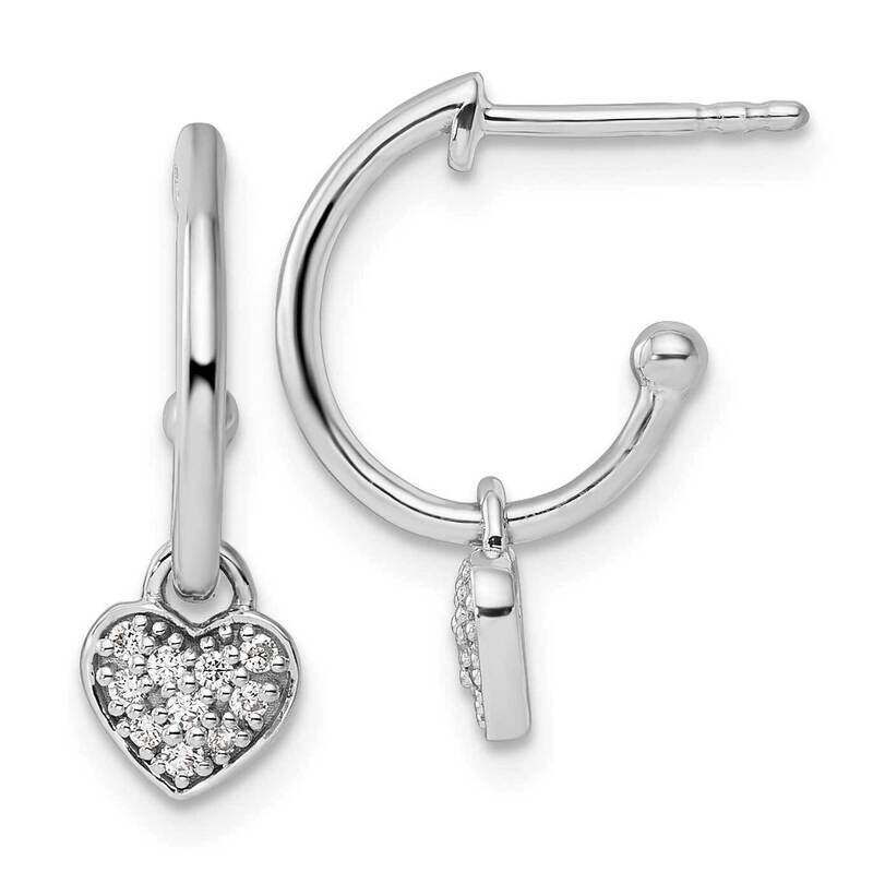White Ice Diamond Heart Dangle J-Hoop Post Earrings Sterling Silver Rhodium-Plated QW525