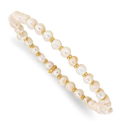 Chisel Polished Yellow Ip-Plated 5.5mm Freshwater Cultured Pearl Beaded Stretch Bracelet 6.25 Inch …