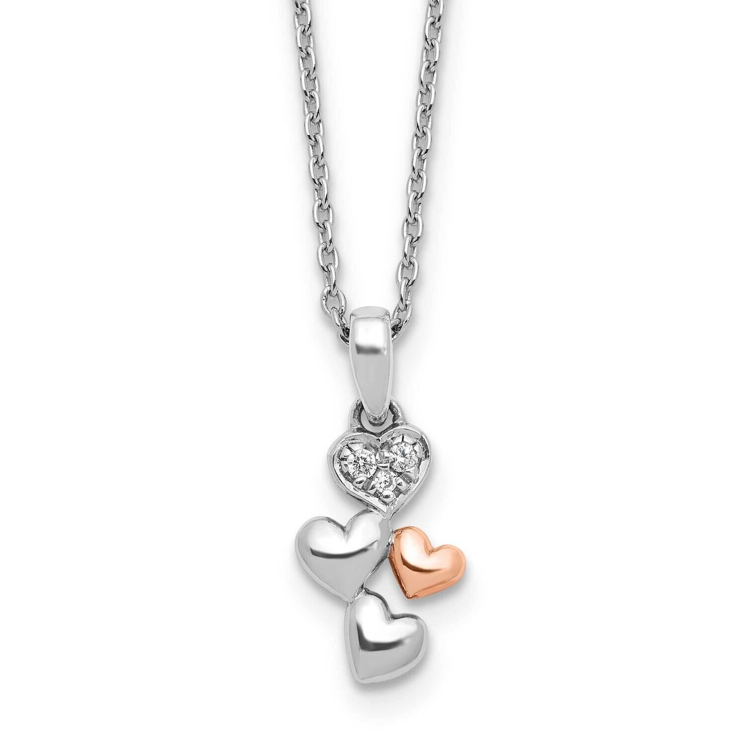 Rh Plated White Ice Diamond Heart Rose-Tone 2 Inch Extension Necklace Sterling Silver QW566-18