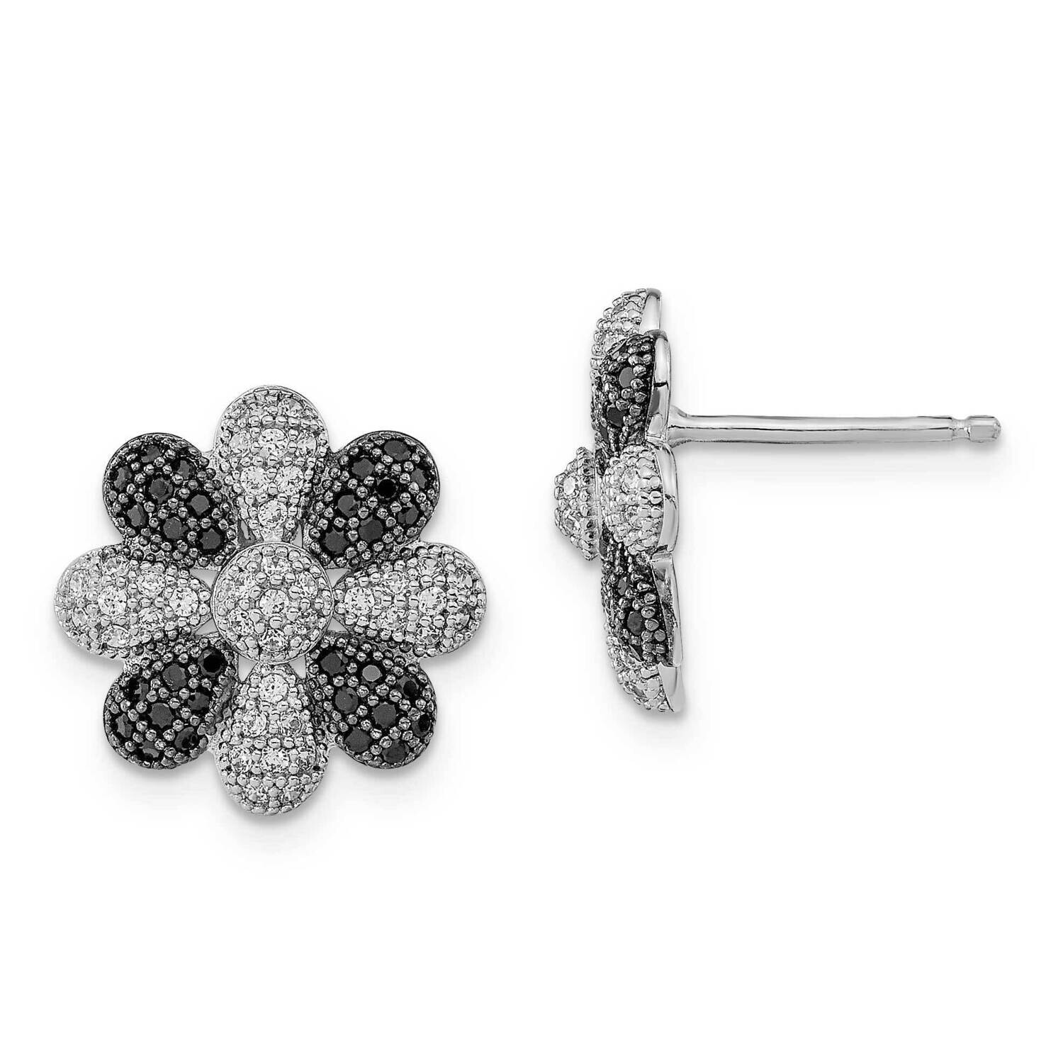 Black & Clear CZ Flower Post Earrings Sterling Silver Rhodium-Plated QMP1526