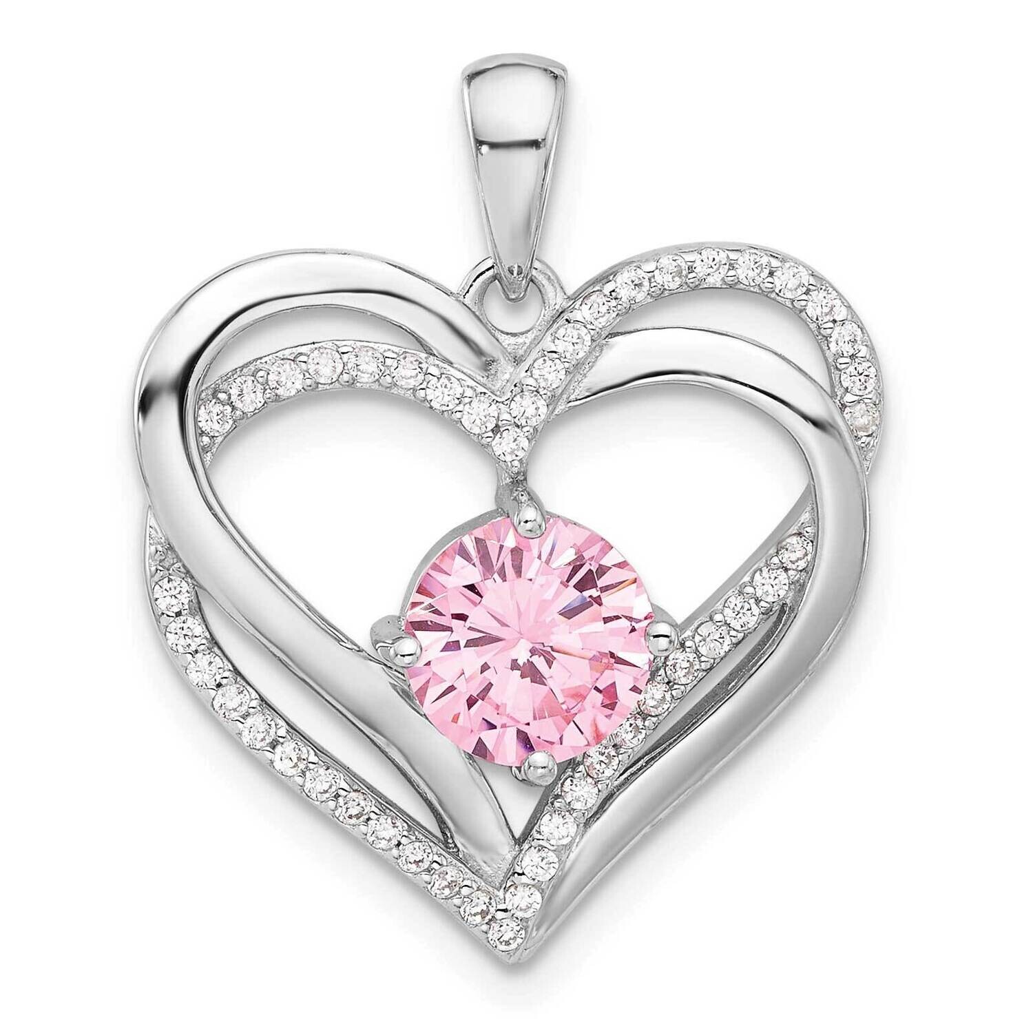 Pink White CZ Double Heart Pendant Sterling Silver Rhodium-Plated QP5793