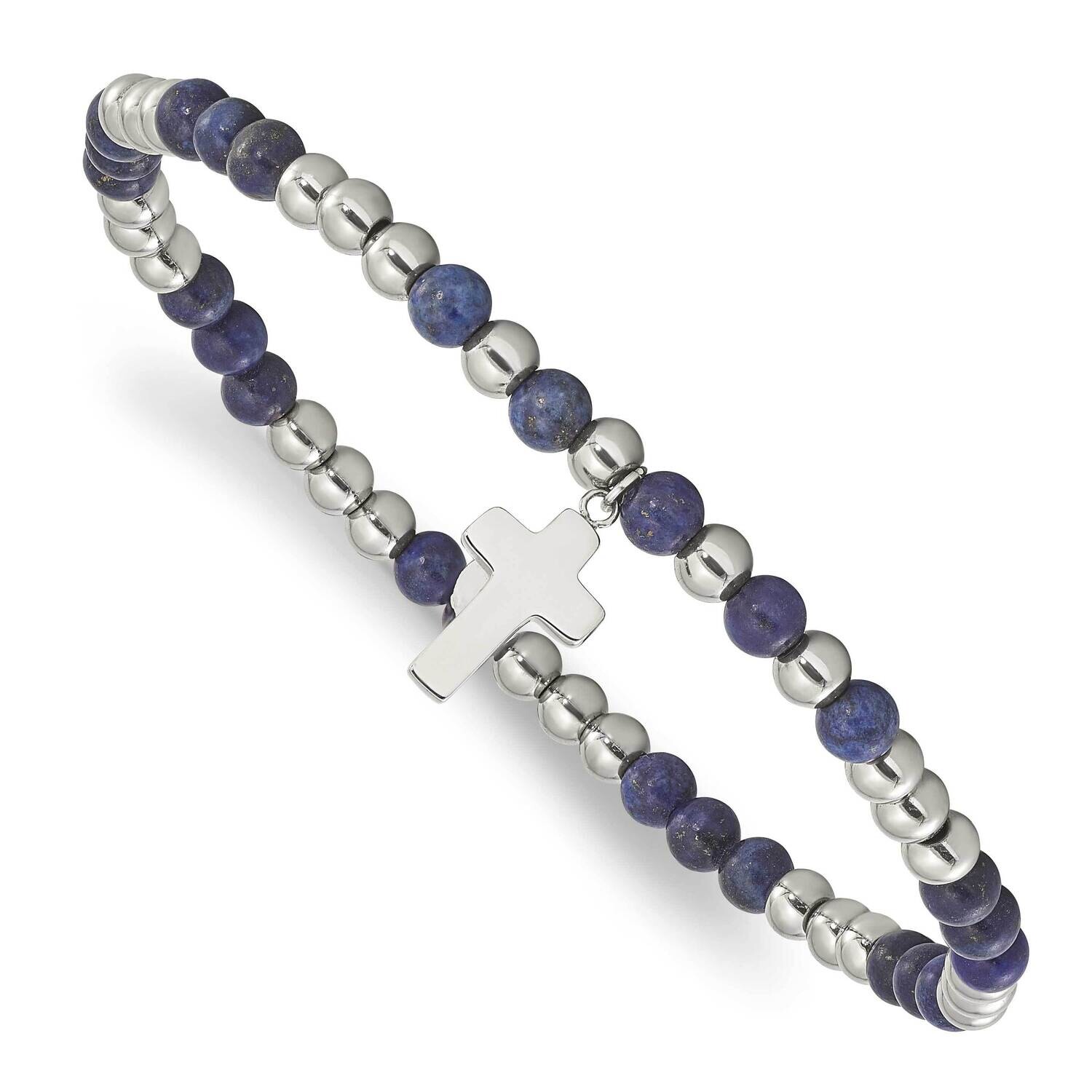 Chisel Polished 4mm Lapis Beaded Cross Dangle Beaded Stretch Bracelet 7 Inch Stainless Steel SRB308…