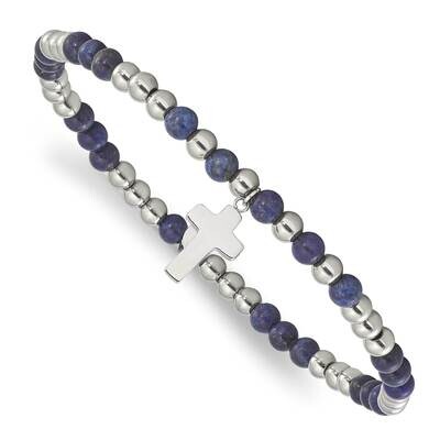 Chisel Polished 4mm Lapis Beaded Cross Dangle Beaded Stretch Bracelet 7 Inch Stainless Steel SRB308…