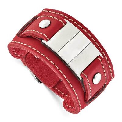 Red Leather Polished/Brushed Buckle Bracelet 9 Inch Stainless Steel SRB1433-9 by Chisel, MPN: SRB14…