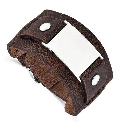 Dark Brown Leather Polished Buckle Bracelet 8.75 Inch Stainless Steel SRB1435-8.75 by Chisel, MPN: …