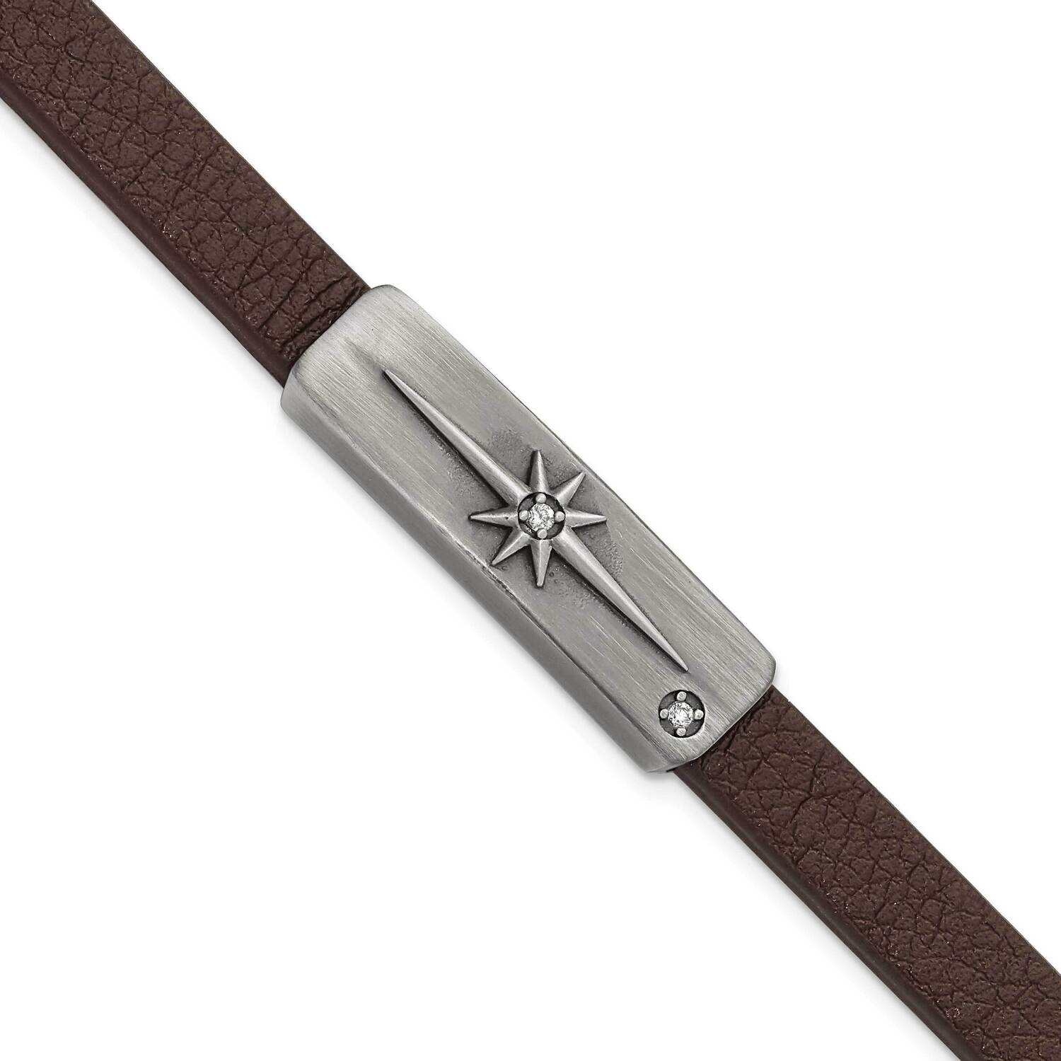 Chisel Antiqued Bronze-Plated CZ Starburst Brown Leather 8 Inch Bracelet Stainless Steel SRB3089-8