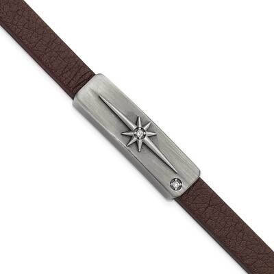 Chisel Antiqued Bronze-Plated CZ Starburst Brown Leather 8 Inch Bracelet Stainless Steel SRB3089-8 …