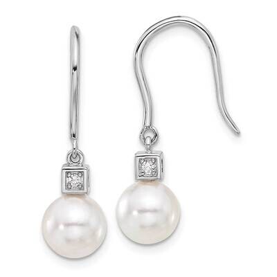 Sterling S Majestik Rh-Plat 8-9mm White Imit Shell Pearl CZ Dangle Earrings QMJE144W, MPN: QMJE144W,