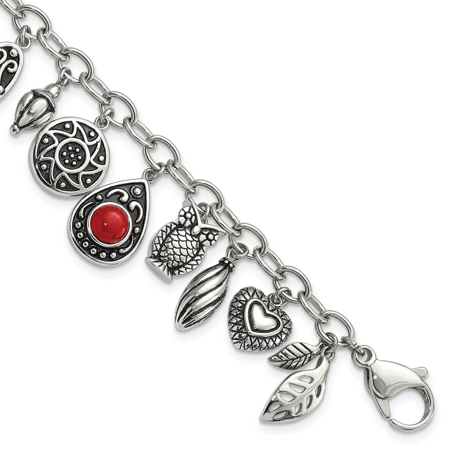 Polished &amp; Antiqued Synthetic Jade &amp; Red Glass 2 Inch Extender Charm Bracelet Stainless Steel SRB12…