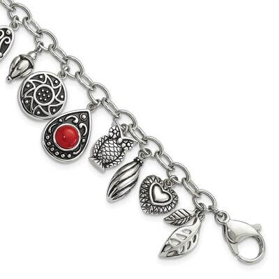 Polished &amp; Antiqued Synthetic Jade &amp; Red Glass 2 Inch Extender Charm Bracelet Stainless Steel SRB12…