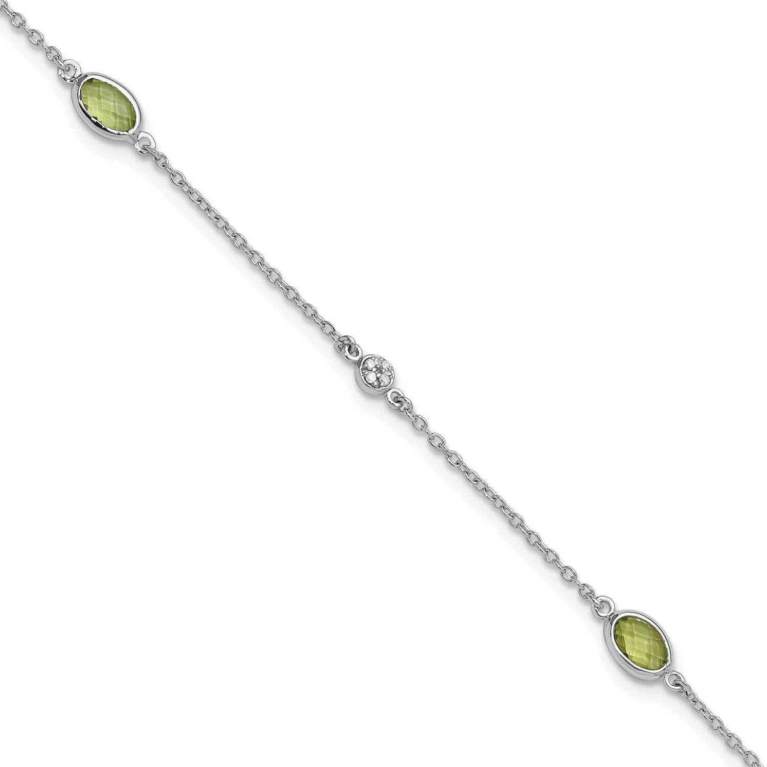 Rh Plated White Ice Diamond Peridot 1.25 In Extension Bracelet 7.5 Inch Sterling Silver QW368PE-7.5…