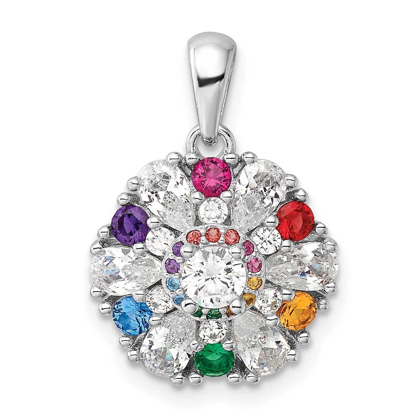 Rhodium-Pltd Rainbow Nano Crystal &amp;Clear CZ Floral Pendant Sterling Silver QP5831, MPN: QP5831,