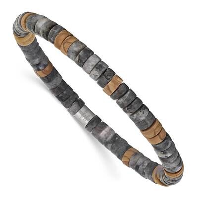 Chisel Brushed Black Spectrolite Grain Stone Beaded Stretch Bracelet 7.25 Inch Stainless Steel SRB3…