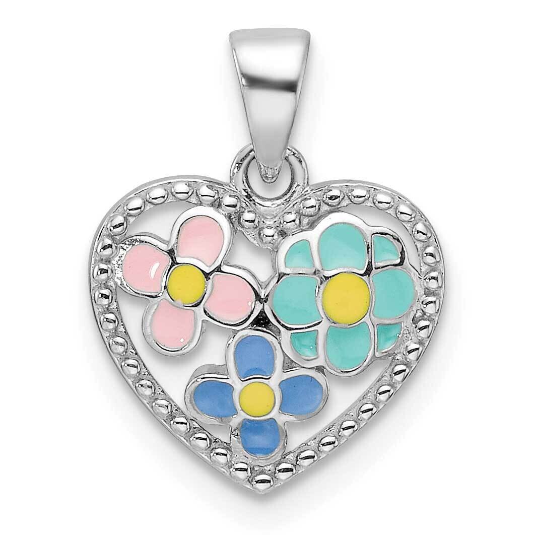Polished &amp; Beaded Multi-Color Enameled Floral Heart Children&#39;s Pendant Sterling Silver Rhodium-Plated QP5839