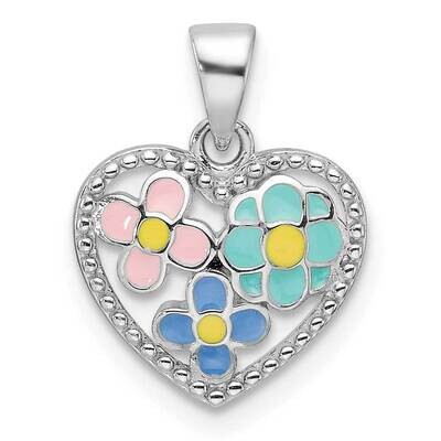 Polished &amp; Beaded Multi-Color Enameled Floral Heart Children&#39;s Pendant Sterling Silver Rhodium-Plat…