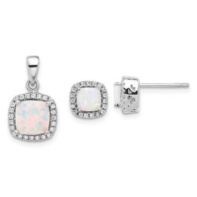 Rh-Plated CZ Created Opal Halo Pendant Earring Set Sterling Silver QST276, MPN: QST276,
