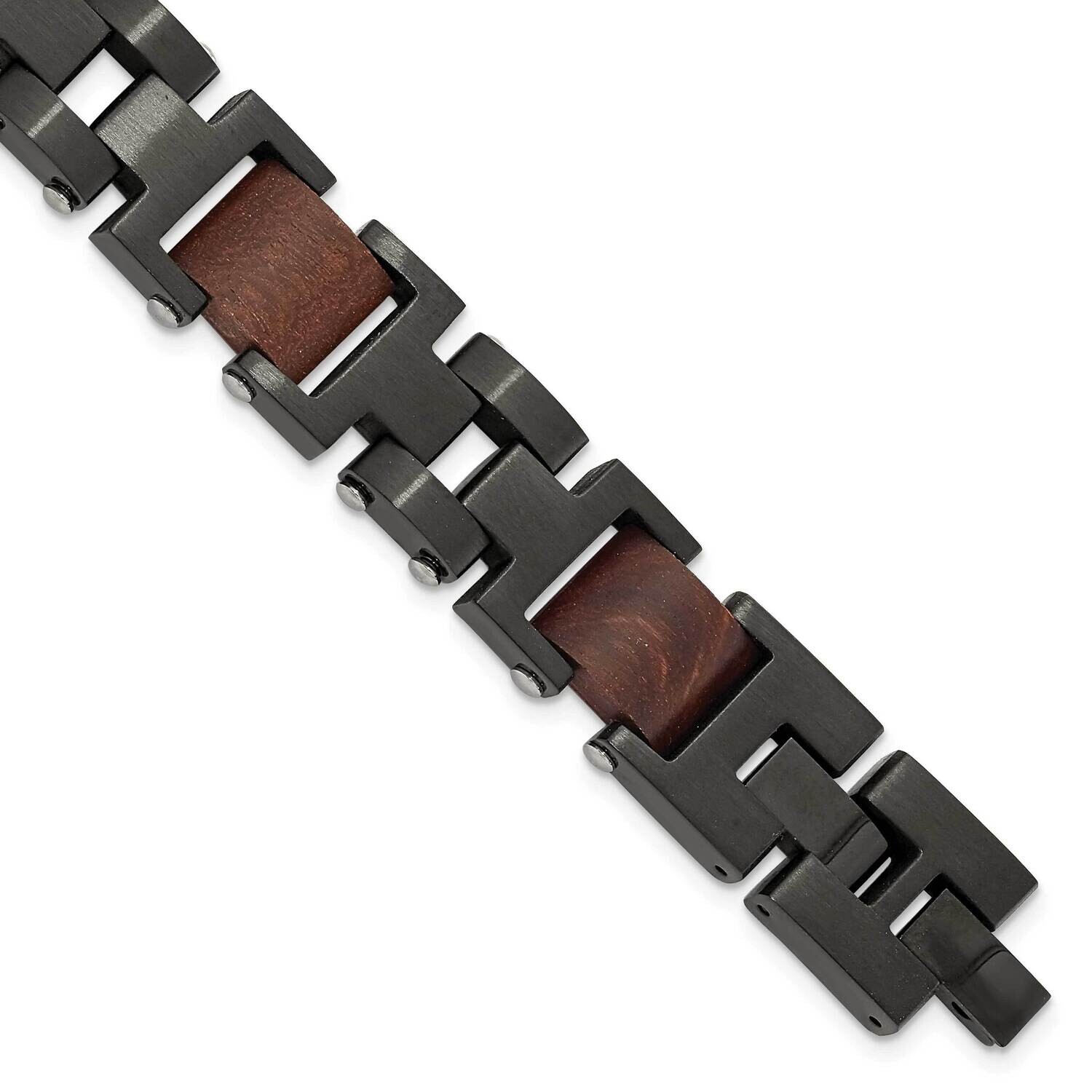 Chisel Brushed Black Ip-Plated Wood Inlay 8 Inch Link Bracelet .5 Inch Extension Stainless Steel SR…