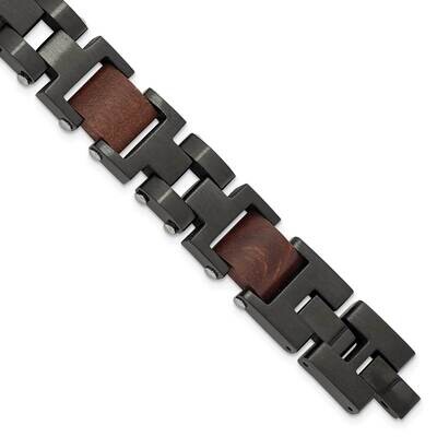 Chisel Brushed Black Ip-Plated Wood Inlay 8 Inch Link Bracelet .5 Inch Extension Stainless Steel SR…