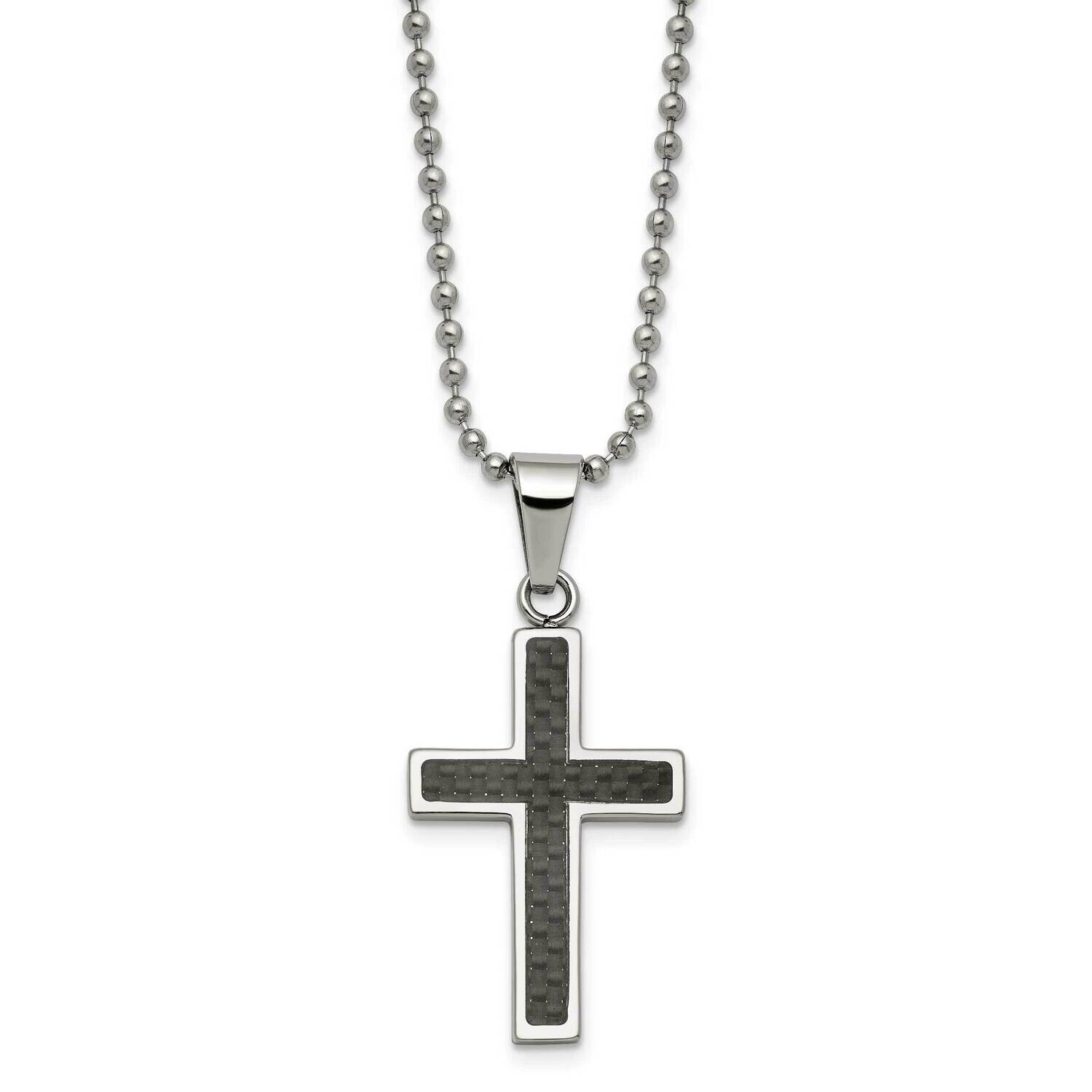 Chisel Polished Black Carbon Fiber Inlay Cross Pendant On A 22 Inch Ball Chain Necklace Stainless Steel SRN108-22