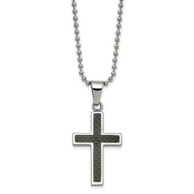 Chisel Polished Black Carbon Fiber Inlay Cross Pendant On A 22 Inch Ball Chain Necklace Stainless S…