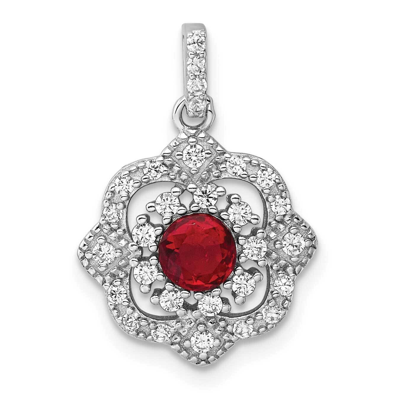 Rh-Plated Red Glass &amp; Clear CZ Fancy Vintage Pendant Sterling Silver QP5820, MPN: QP5820,