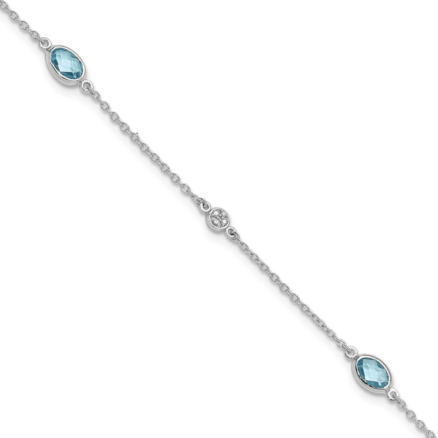 Rh Plated White Ice Diamond Blue Topaz 1.25 In Extension Bracelet 7.5 Inch Sterling Silver QW368BT-7.5