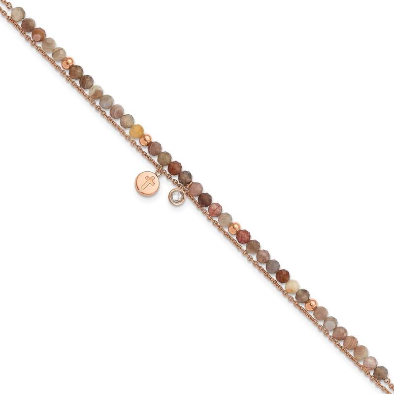 Chisel Polished Rose Ip-Plated Crystal Imitation Sardonyx Cross 9 Inch Anklet Plus 2 Inch Extension Stainless Steel SRA122-9