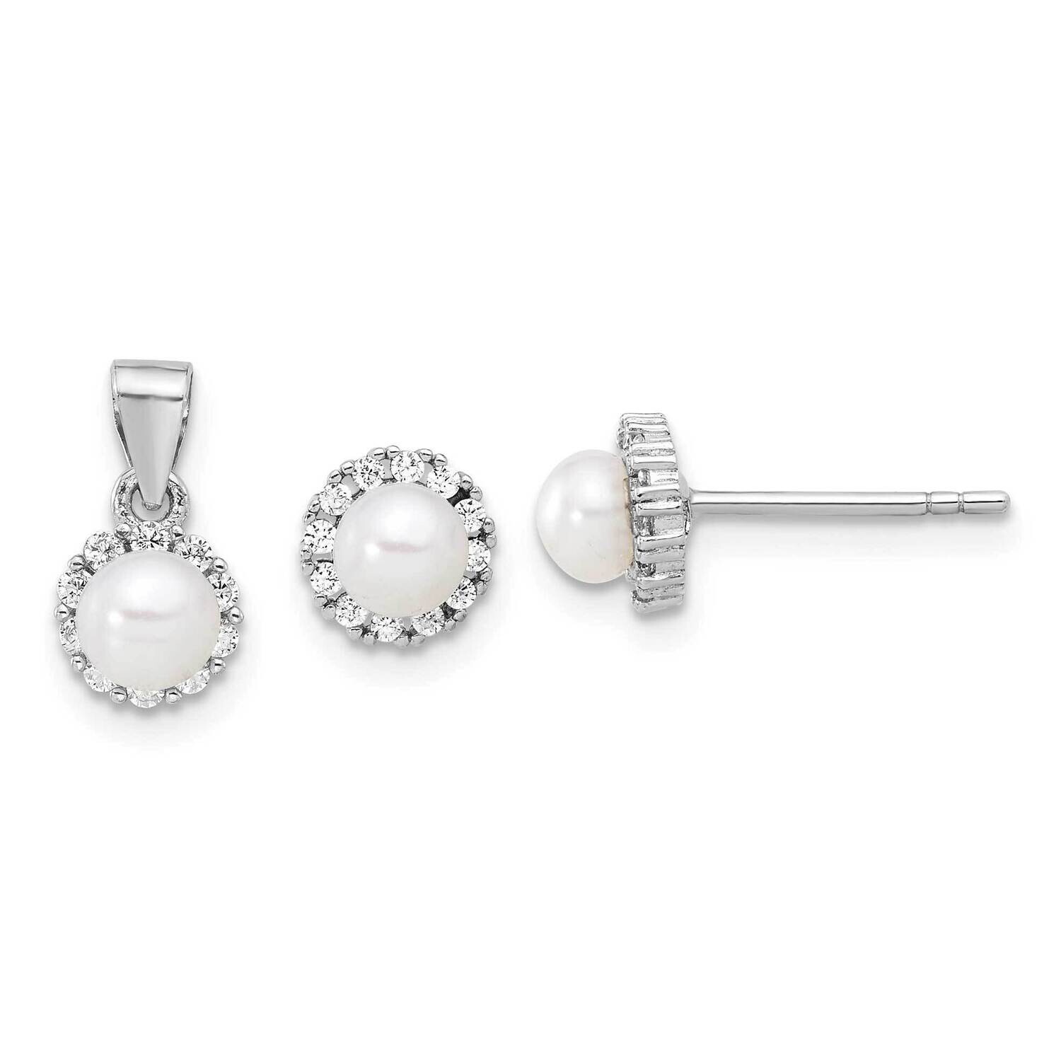 Rh-Plated 4-4.5mm Fwc Pearl CZ Earrings Pendant Set Sterling Silver QST280, MPN: QST280,