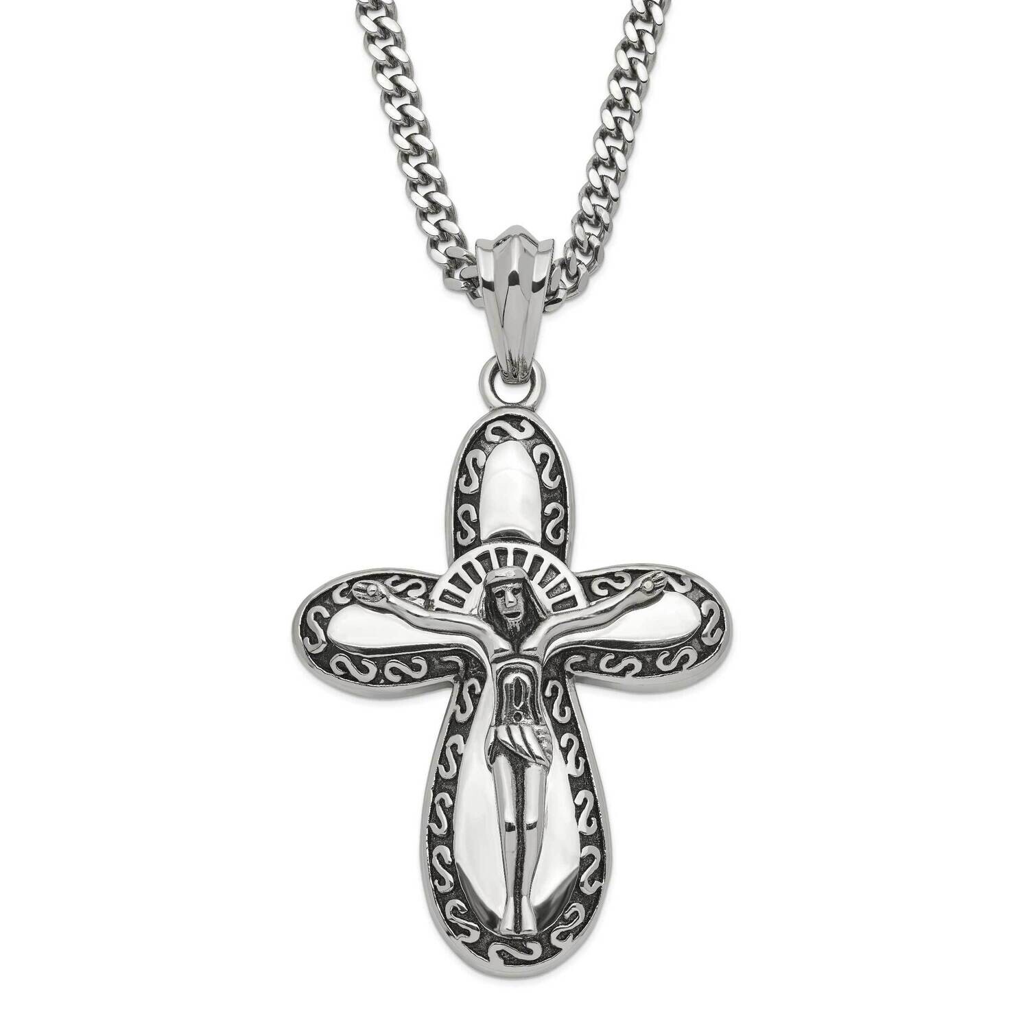 Antiqued &amp; Polished Crucifix Necklace Stainless Steel SRN1108-24