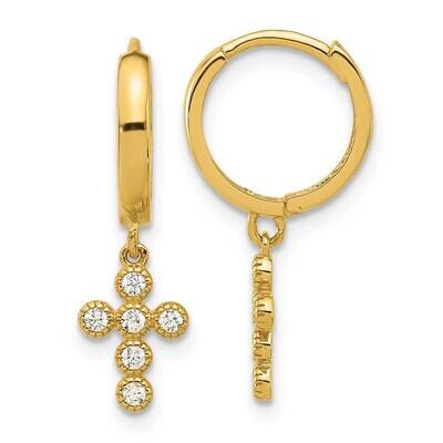 Madi K Polished CZ Cross Dangle Huggie Hoop Earrings 14k Gold SE3050, MPN: SE3050, 196904099179