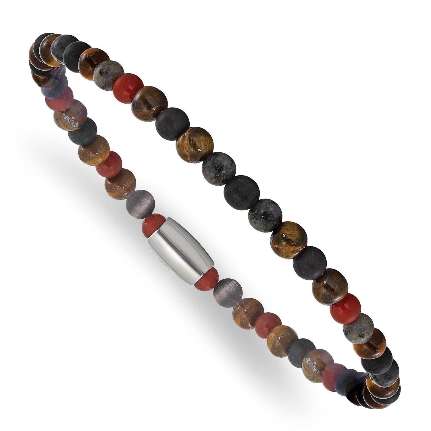 Chisel Polished 5mm Spectrolite Agate Tiger&#39;s Eye Beaded Stretch Bracelet 7.25 Inch Stainless Steel…