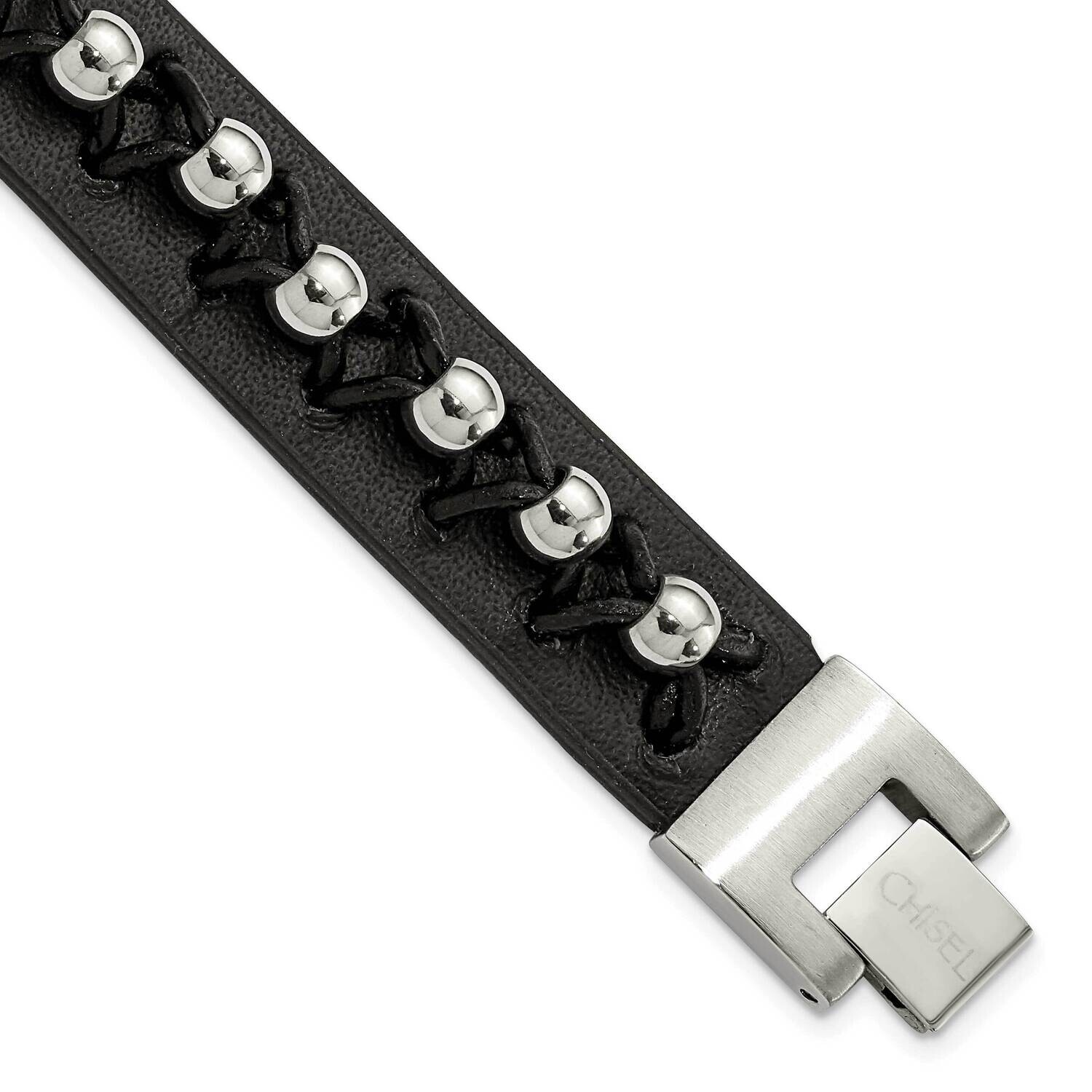 Polished Beads Black Leather Bracelet 8.5 Inch Stainless Steel SRB778-8.5 by Chisel, MPN: SRB778-8.…