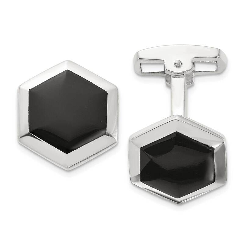 Onyx Hexagon Cuff Links Sterling Silver Polished QQ656