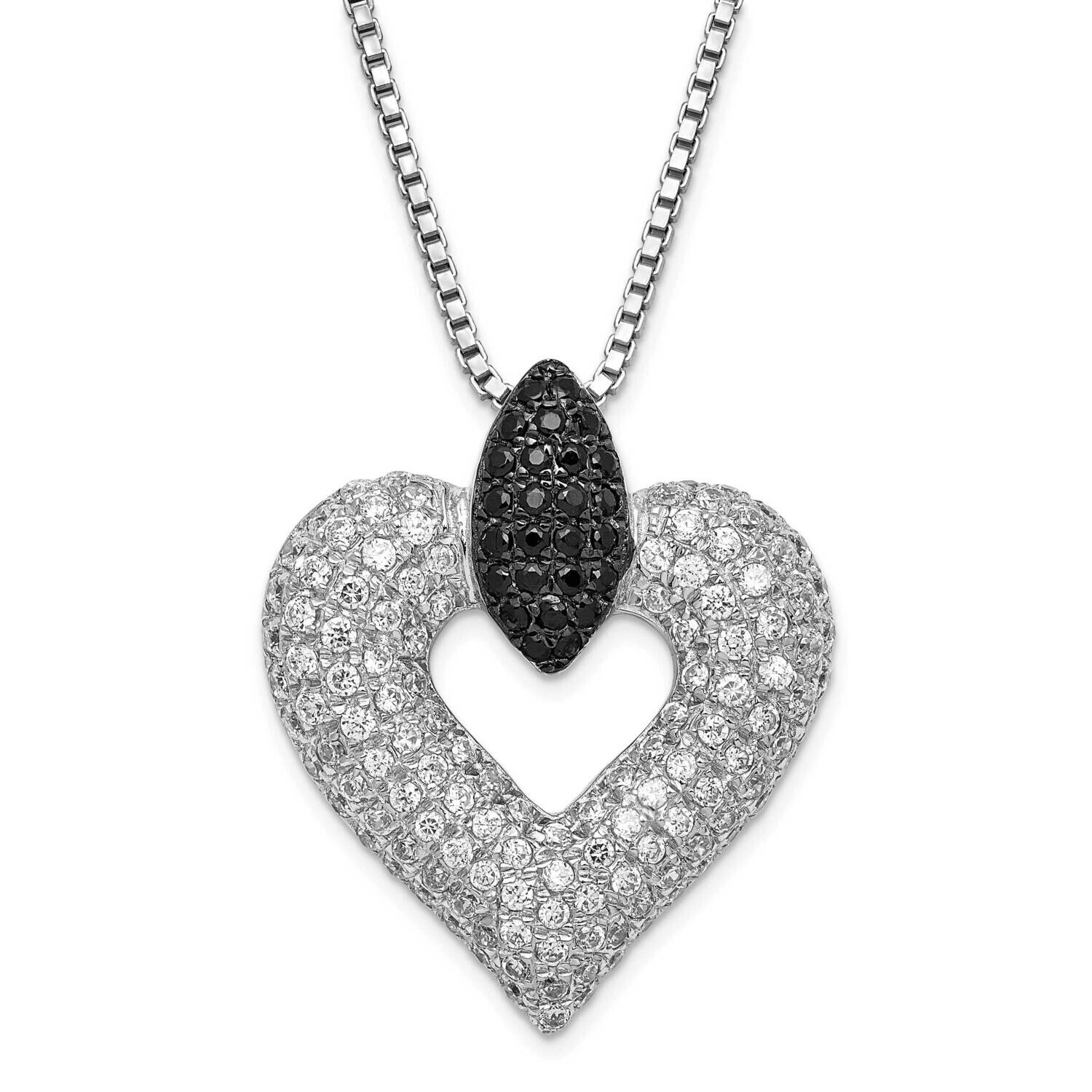 Black &amp; Clear CZ Brilliant Embers Heart 2 Inch Extension Necklace Sterling Silver QMP515-18