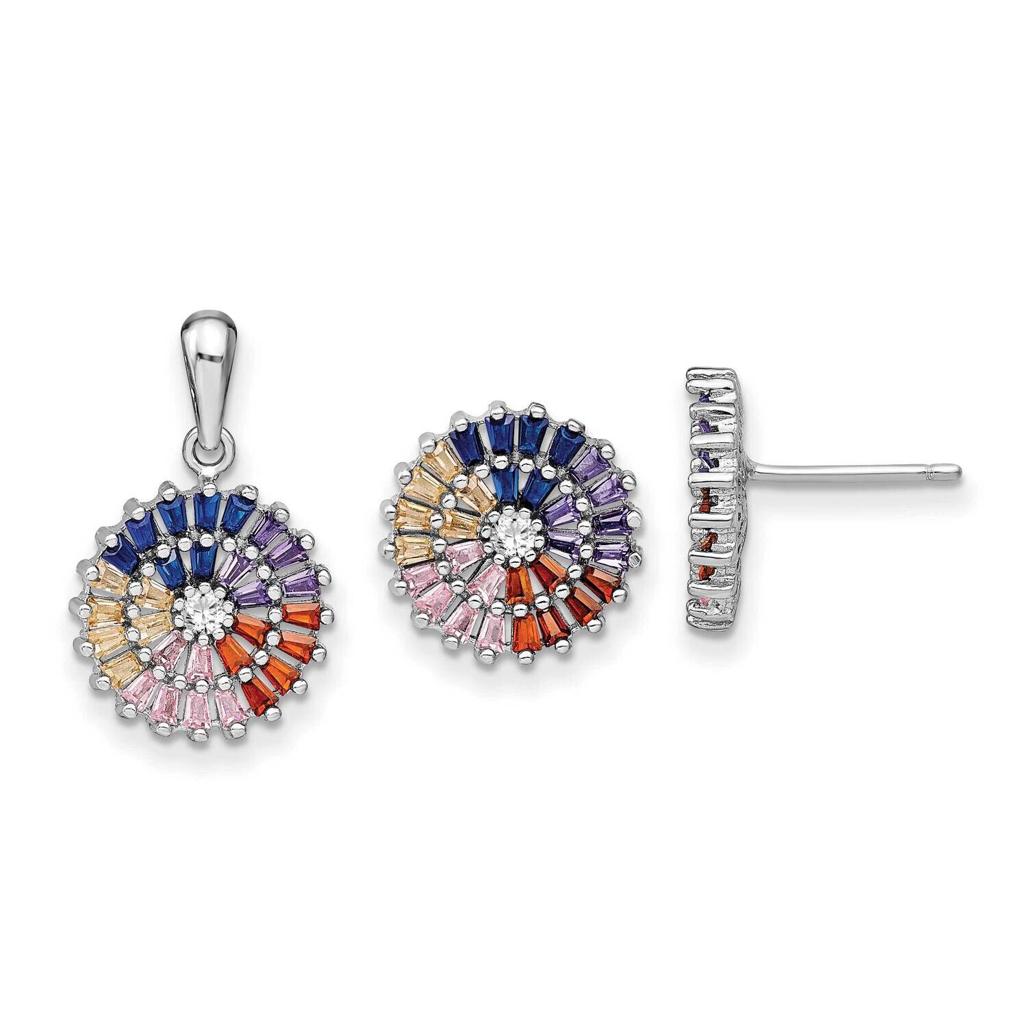 Prizma White Colorful CZ Post Earring Pendant Set Sterling Silver Rhodium-Plated QP5261SET, MPN: QP…