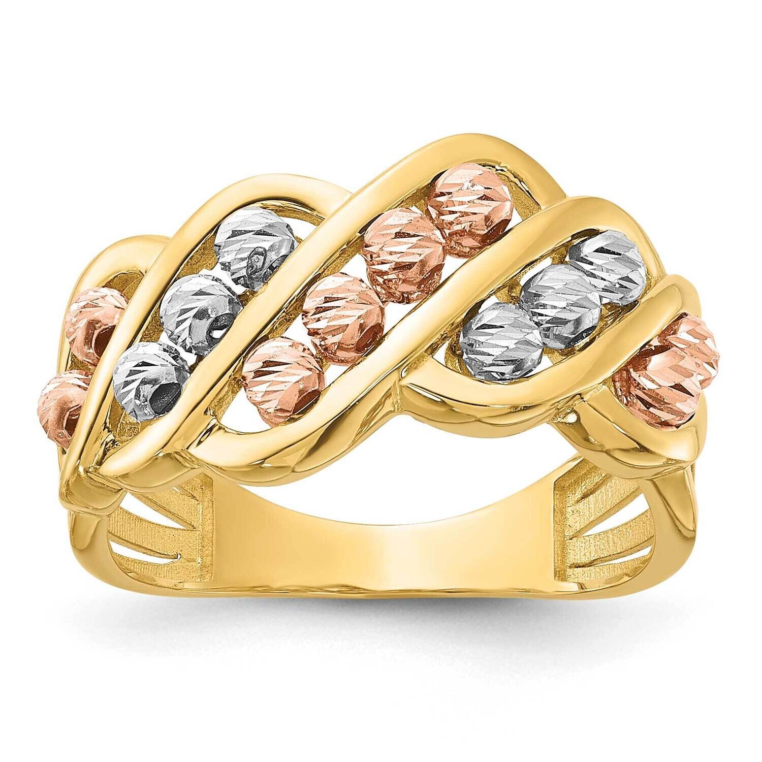 Polished Diamond-Cut Beads Fashion Ring 14k Tri-Color Gold R960, MPN: R960,