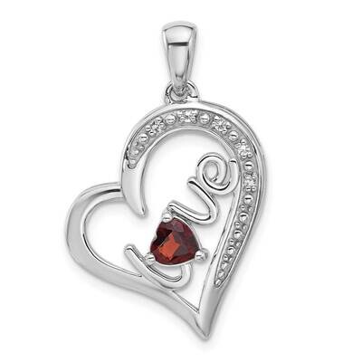 Rhodium-Plated Garnet White Topaz Love Heart Pendant Sterling Silver QP5875GA, MPN: QP5875GA,
