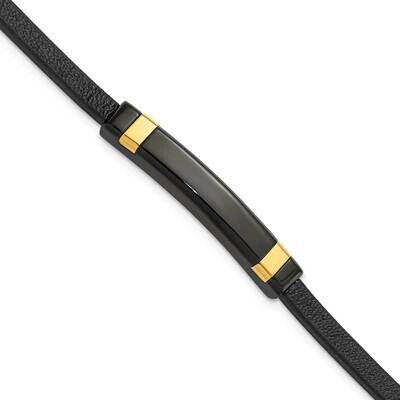 Chisel Polished Black Yellow Ip-Plated Black Leather 8.5 Inch Id Bracelet Stainless Steel SRB3088-8…