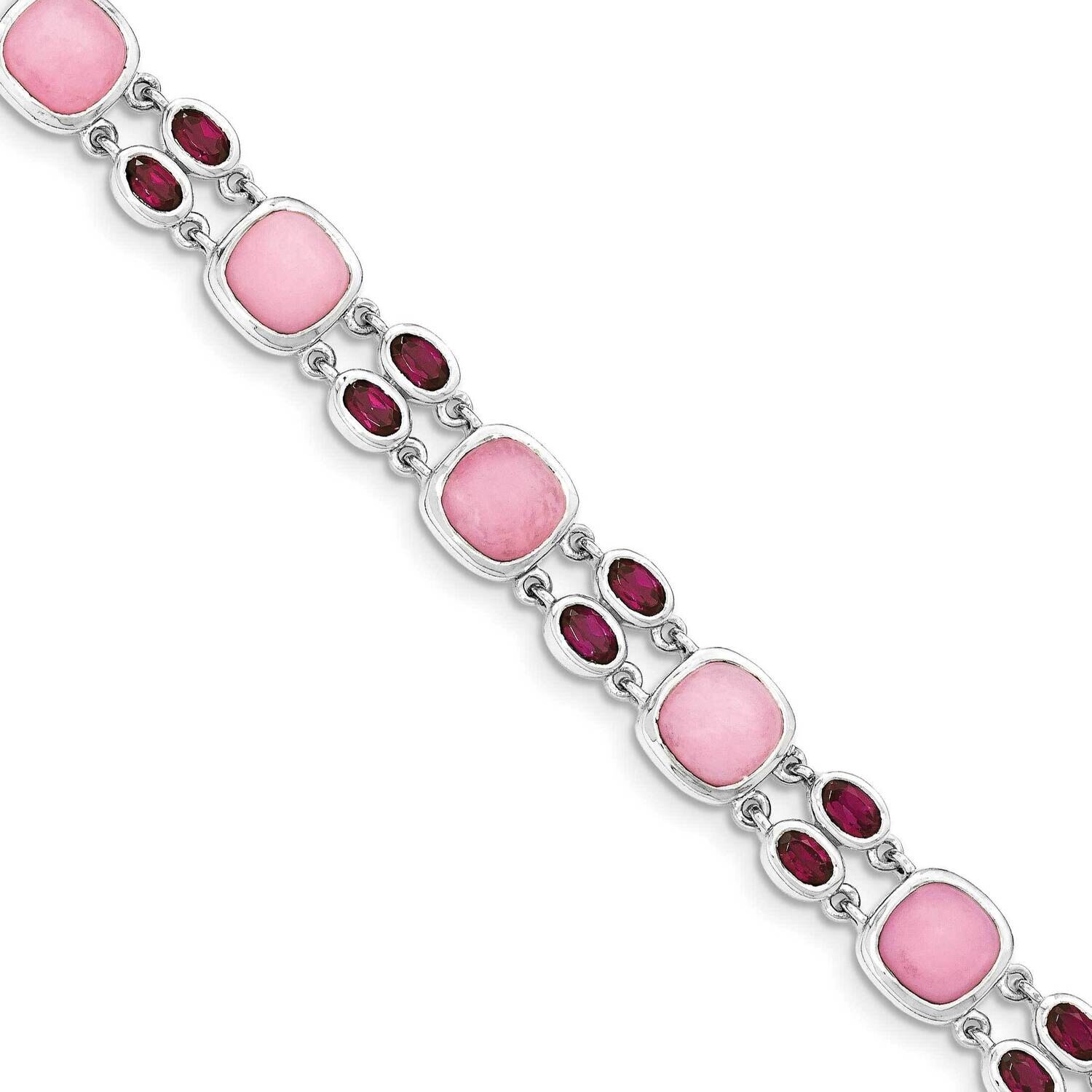 Pink Opal Cabochon & Rhodolite Garnet Bracelet 7.5 Inch Sterling Silver QX945RG