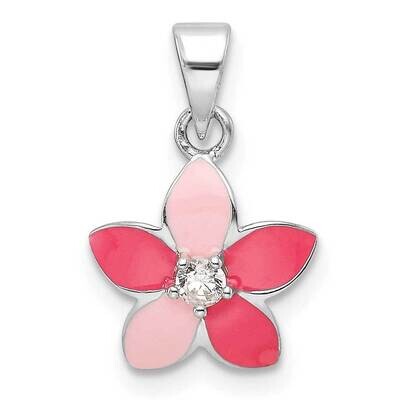 Rhod-Plated Pink Enamel &amp; CZ Flower Children&#39;s Pendant Sterling Silver QP5844, MPN: QP5844,