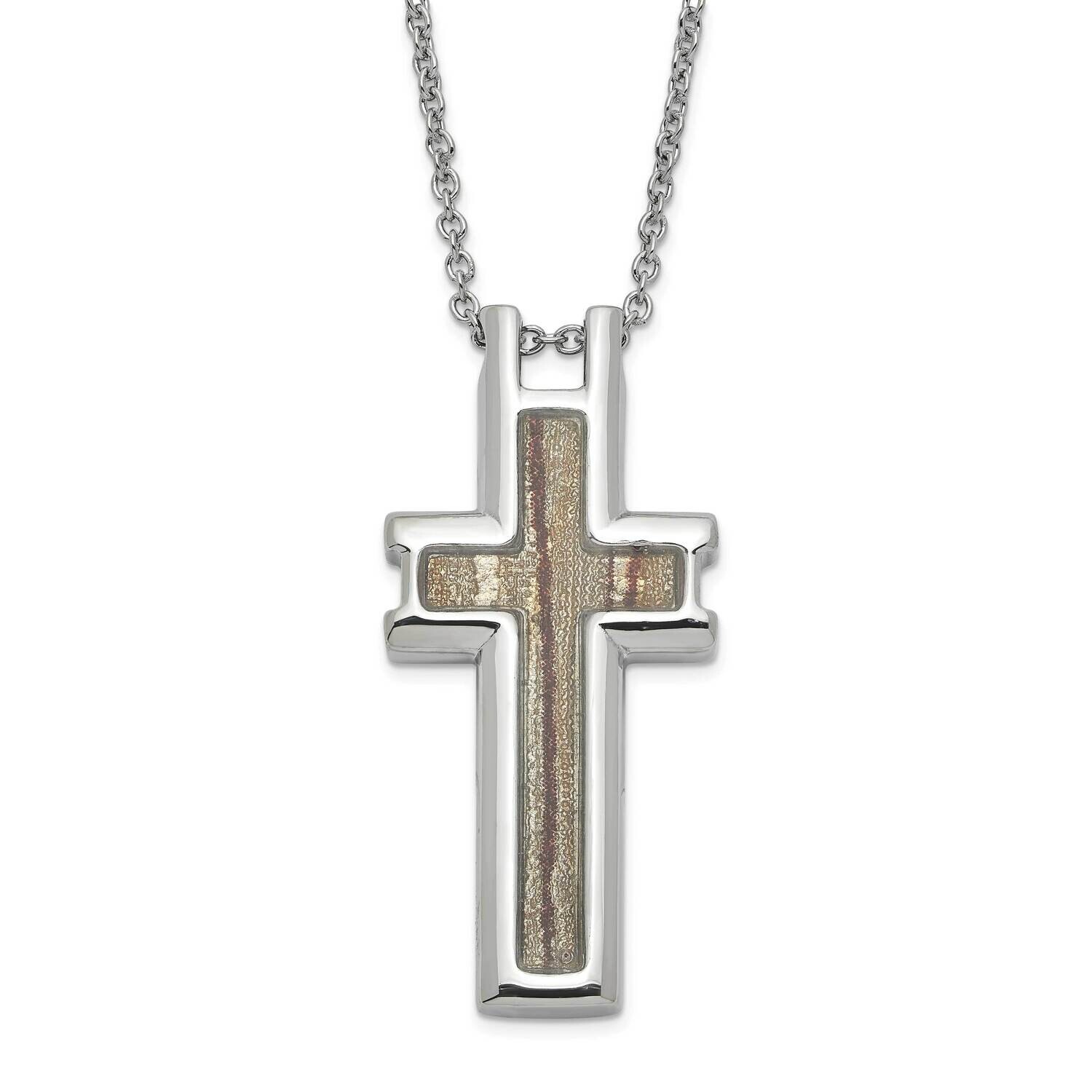 Polished Cream Brown Enameled Inlay Cross Necklace Stainless Steel SRN1635-18 by Chisel, MPN: SRN16…