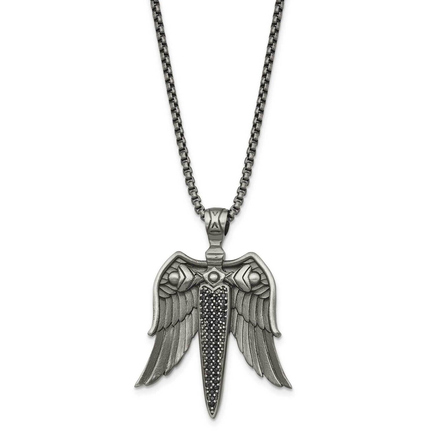 Chisel Antiqued White Bronze-Plated Black CZ Sword Wings On A 24 Inch Box Chain Necklace Stainless Steel SRN3029-24