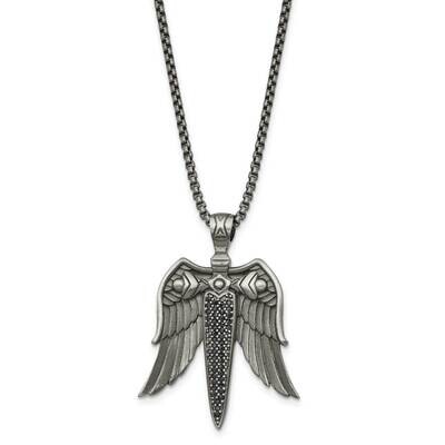 Chisel Antiqued White Bronze-Plated Black CZ Sword Wings On A 24 Inch Box Chain Necklace Stainless …