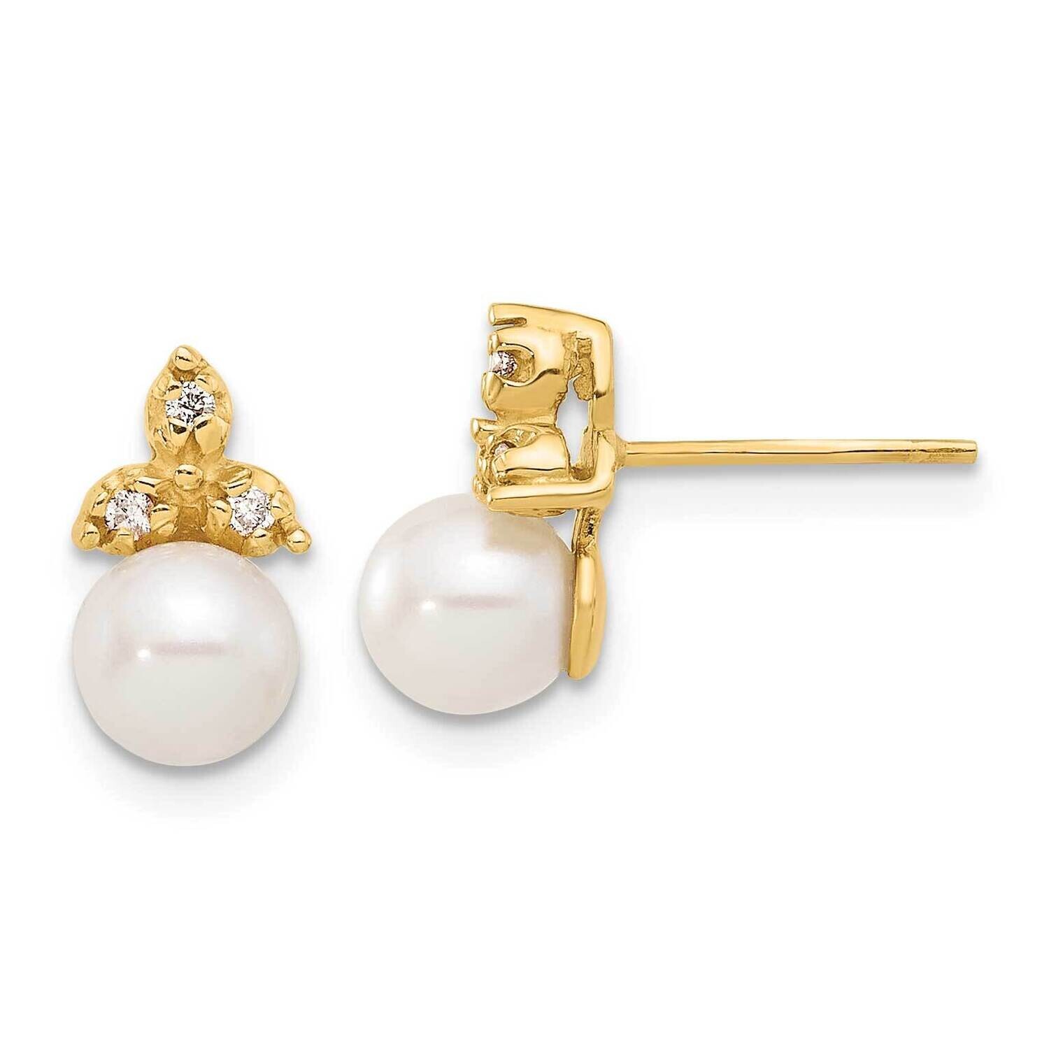 5-6mm Button Freshwater Cultured Pearl .06Ct Diamond Post Earrings 14k Gold XF847E, MPN: XF847E,