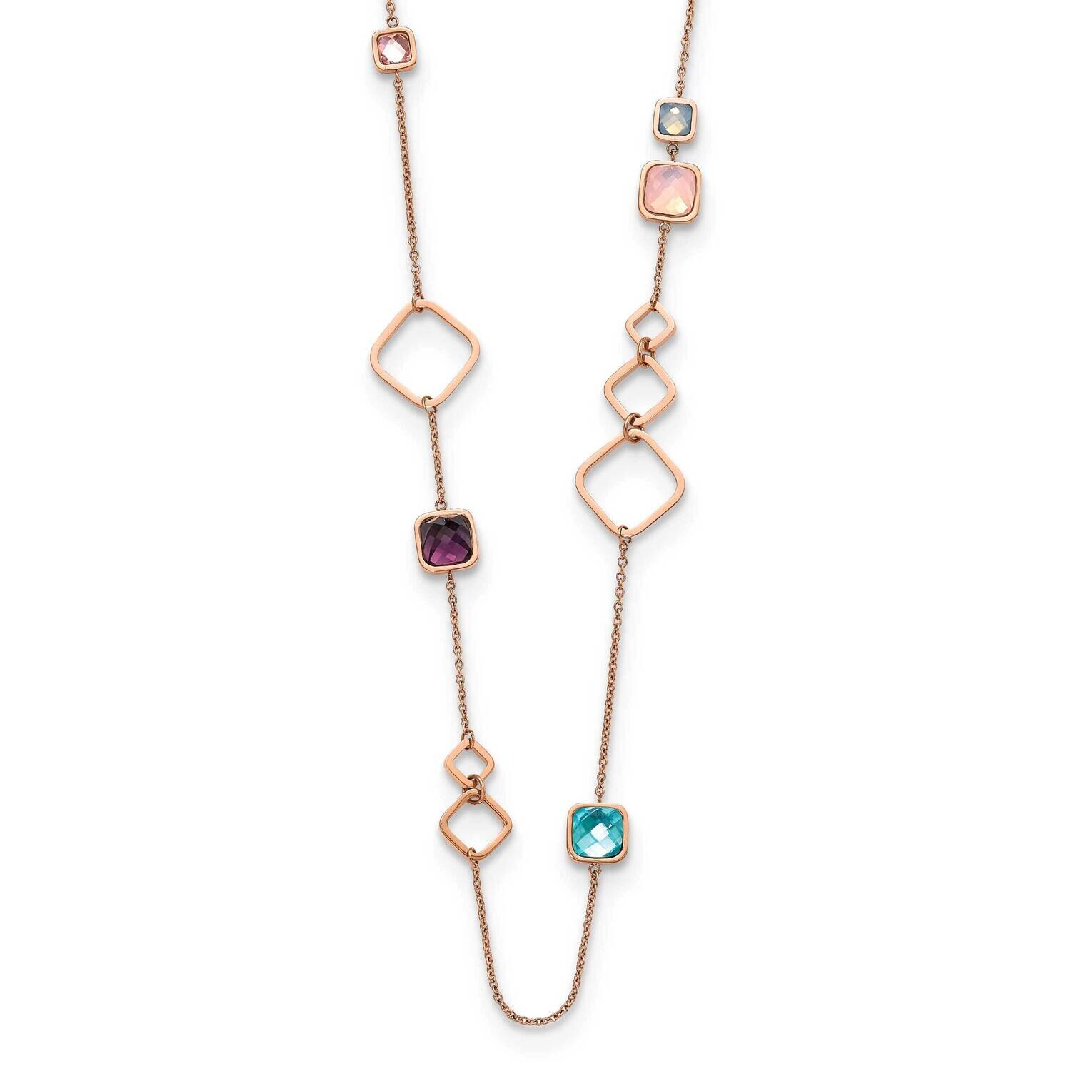 Chisel Polished Rose Ip-Plated Multicolor Crystal On A 21.5 Inch Cable Chain 2.75 Inch Extension Necklace Stainless Steel SRN3077-21.5