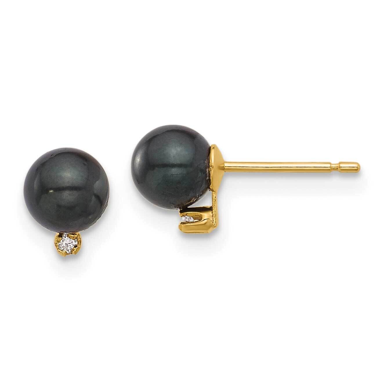 5-6mm Round Black Saltwater Akoya Pearl .02Ct Diamond Earrings 14k Gold XF833E