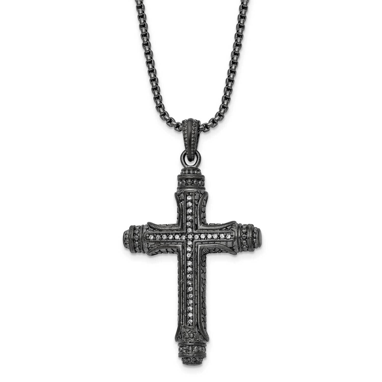 Chisel Brushed Polished Gun Metal Ip-Plated CZ Cross Pendant On A 24 Inch Box Chain Necklace Stainl…