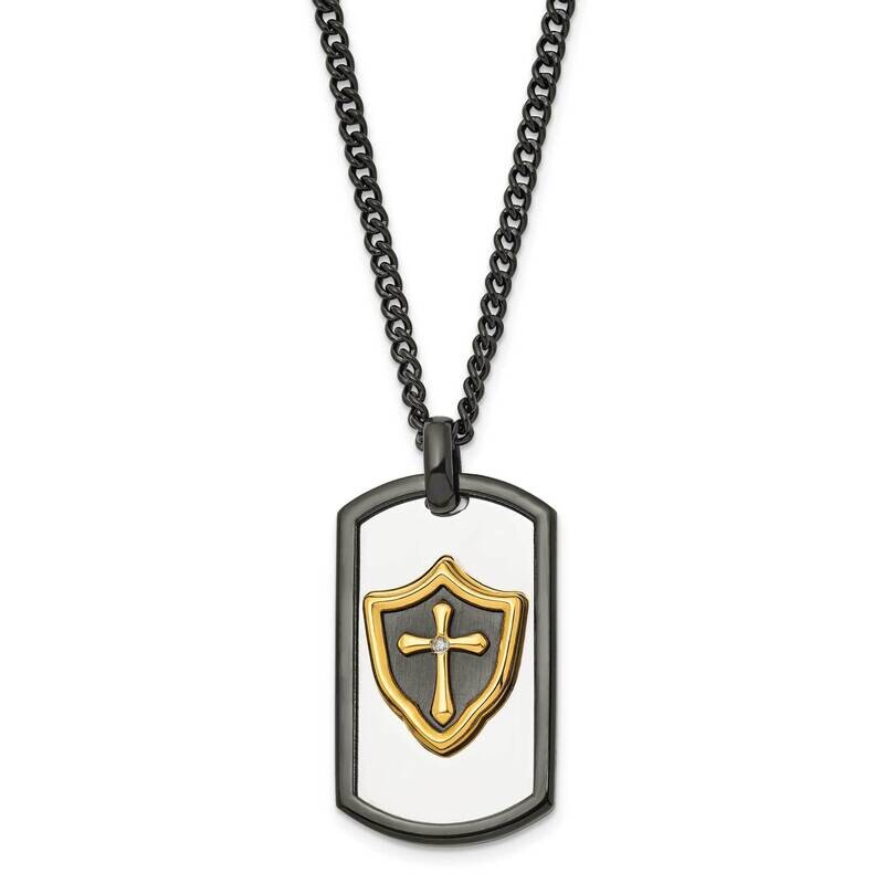 Chisel Polished Black Yellow Ip-Plated CZ Hero Dog Tag On A 24 Inch Curb Chain Necklace Stainless S…