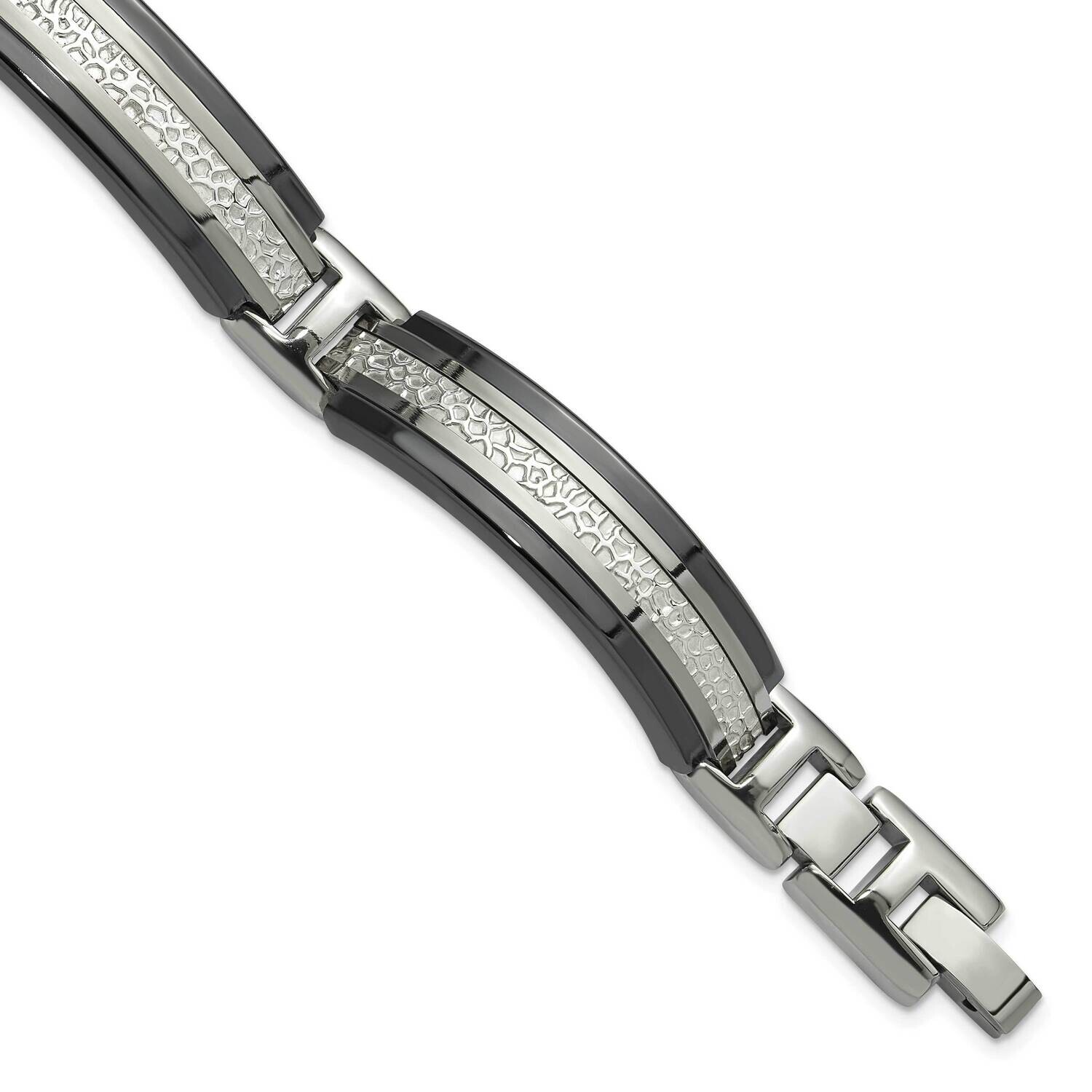 Ster.Sil Black Ti Polished Textured Center Link Bracelet 8 Inch Titanium TBB169-8